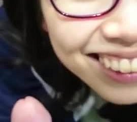 Cute chinese glasses unfocused bj with respect to toliet